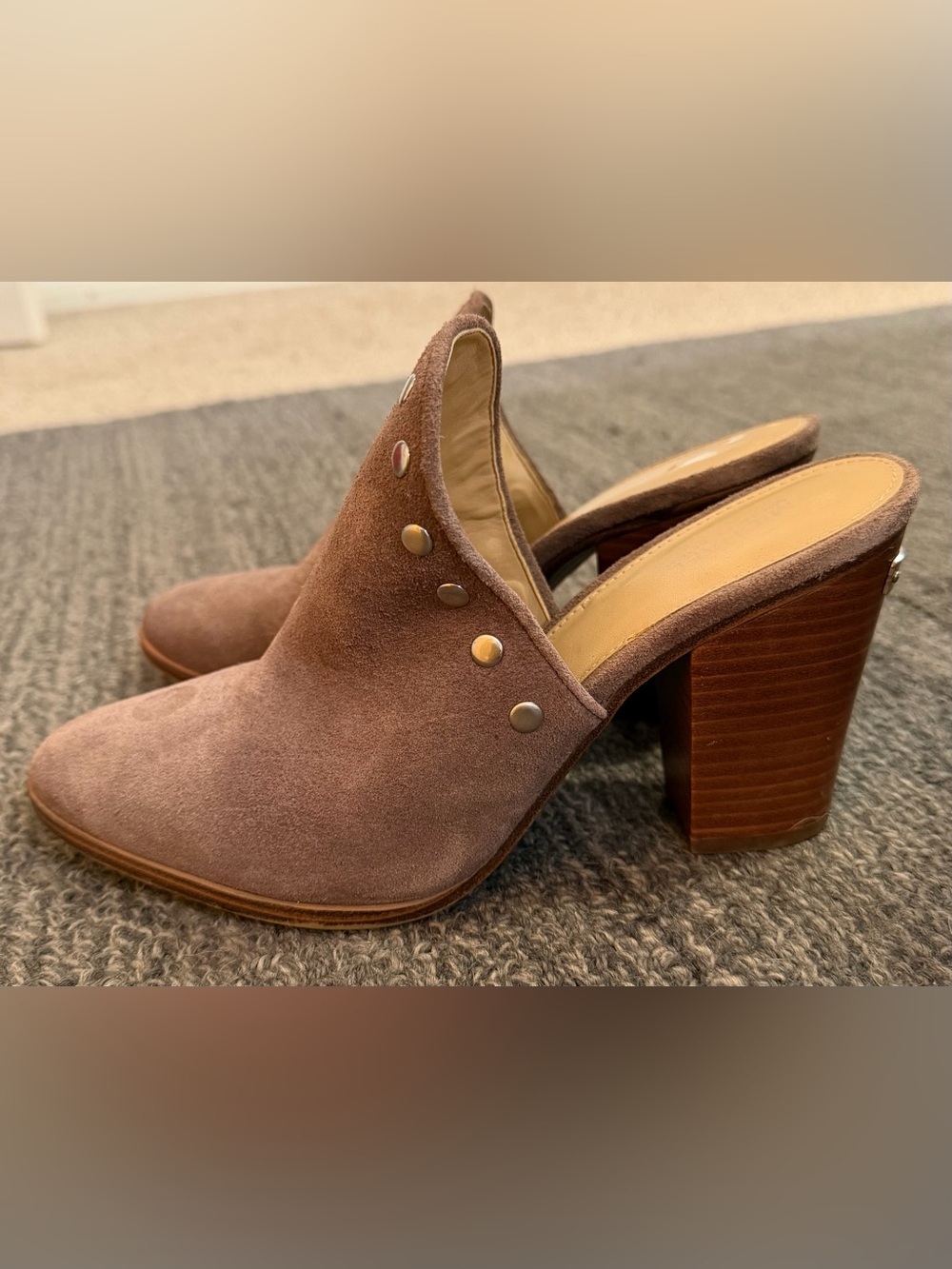 Michael Kors Studded Suede Block Heel Mule in Brown, Size 9.5